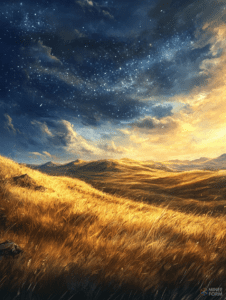 Golden Fields Under a Starry Night Sky with Rolling Hills and a Soft Sunset Glow DND Digital Painting Wall Art 18 X 24 Inch Poster