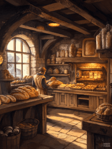 Cozy Sunrise in a Rustic Bakery with Bread Loaves and Warm Wooden Shelves DND Digital Painting Wall Art 18 X 24 Inch Poster