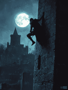 Mysterious Cloaked Figure Scaling Ancient Stone Wall Under Glowing Full Moon with Majestic Castle Silhouetted in the Midnight Horizon DND Digital Painting Wall Art 18 X 24 Inch Poster