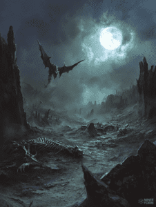 Winged Shadow Over a Desolate Moonlit Wasteland with Ancient Skeletal Remains and Jagged Cliff Edges Under a Bright Full Moon DND Digital Painting Wall Art 18 X 24 Inch Poster