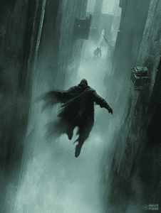 Mysterious Hooded Figure Navigating a Foggy and Narrow Urban Canyon Amidst Looming Rusted Walls and Gloomy Shadows DND Digital Painting Wall Art 18 X 24 Inch Poster