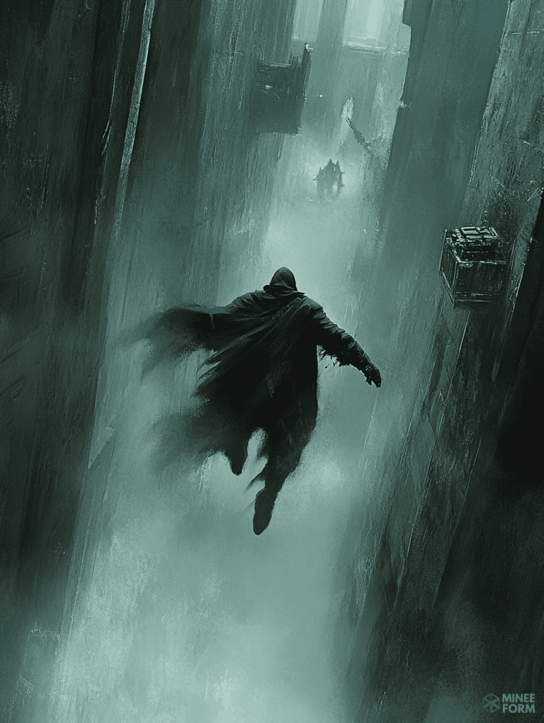 Mysterious Hooded Figure Navigating a Foggy and Narrow Urban Canyon Amidst Looming Rusted Walls and Gloomy Shadows DND Digital Painting Wall Art 18 X 24 Inch Poster