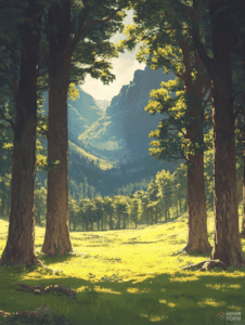 Sunlit Forest Clearing Framed by Towering Trees Leading to Majestic Mountain Valley DND Digital Painting Wall Art 18 X 24 Inch Poster