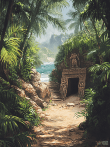 Ancient Jungle Temple Hidden by Lush Greenery and Steep Cliffside Path Leading to Ocean Horizon DND Digital Painting Wall Art 18 X 24 Inch Poster