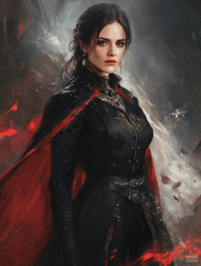 Mystical Warrior in Enigmatic Ebony Attire Adorned with Crimson Highlights Amidst a Storm of Ominous Shadows and Fiery Embers DND Digital Painting Wall Art 18 X 24 Inch Poster