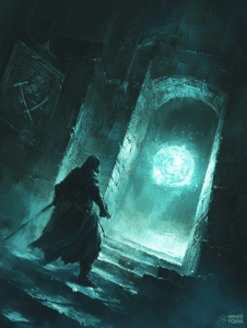 Rogue in Shadowy Passage Confronts Glowing Portal Beneath Ancient Stone Archway DND Digital Painting Wall Art 18 X 24 Inch Poster