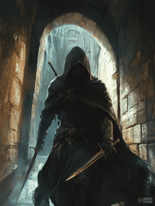 Cloaked Figure with Dual Blades Emerges from Shadowy Stone Passageway in a Medieval Fantasy Setting DND Digital Painting Wall Art 18 X 24 Inch Poster