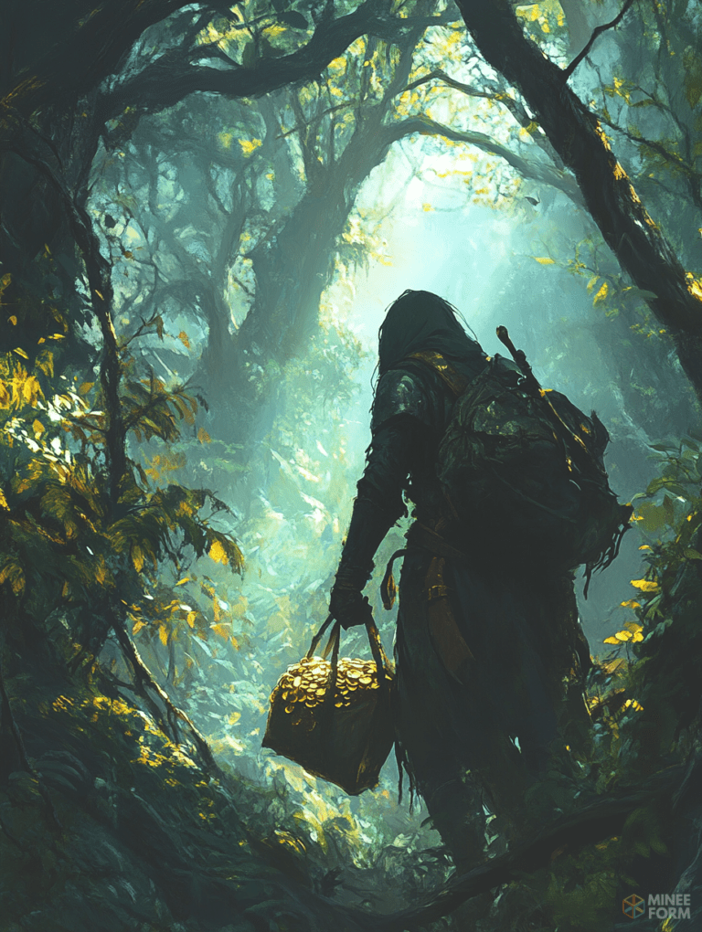 Mysterious Wanderer in Sunlit Enchanted Forest Carrying a Glowing Treasure Chest Amidst Lush Canopies and Twisting Vines DND Digital Painting Wall Art 18 X 24 Inch Poster