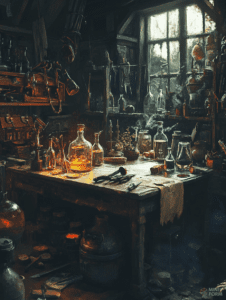 Eerie Glow in a Rustic Alchemist Workshop Amidst a Chaotic Array of Mysterious Bottles and Ancient Tools DND Digital Painting Wall Art 18 X 24 Inch Poster