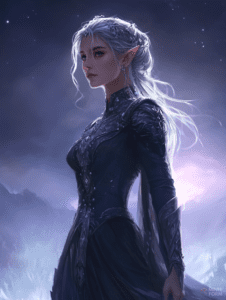 Elven Sorceress in Midnight Armor Beneath a Starry Sky with Mystical Mountains DND Digital Painting Wall Art 18 X 24 Inch Poster