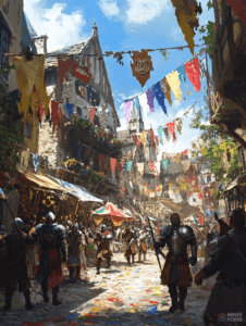 Medieval Festival in a Bustling Sunlit Village Street with Colorful Banners and Market Stalls DND Digital Painting Wall Art 18 X 24 Inch Poster