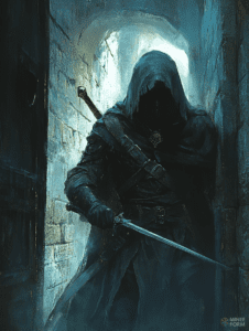 Mysterious Hooded Figure Holding a Dagger in a Shadowy Stone Corridor DND Digital Painting Wall Art 18 X 24 Inch Poster