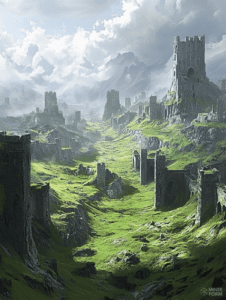 Towering Ancient Ruins in a Lush Verdant Valley Under Dramatic Cloud-Covered Mountains DND Digital Painting Wall Art 18 X 24 Inch Poster