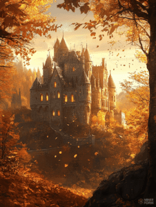 Majestic Castle Surrounded by Golden Autumn Leaves and Illuminated by Warm Evening Light DND Digital Painting Wall Art 18 X 24 Inch Poster