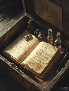 Ancient Wooden Chest Holding a Mysterious Open Tome Illuminated by Subtle Light with Aged Glass Bottles of Elixirs and Inkwell Accompanying Cryptic Symbols and Handwritten Spells on Fragile Pages DND Digital Painting Wall Art 18 X 24 Inch Poster