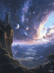 Majestic Planetary Landscape with Towering Cliffside Castle and Starry Celestial Vista DND Digital Painting Wall Art 18 X 24 Inch Poster