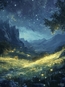 Starlit Valley Beneath Majestic Mountains with Glowing Fields and Enchanting Night Sky DND Digital Painting Wall Art 18 X 24 Inch Poster