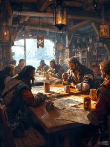 Pirate Captains Gather Around a Wooden Table in a Dimly Lit Tavern Strategizing Their Next Voyage with Nautical Maps as Sunlight Streams Through the Window Revealing a Ship Swaying in a Distant Harbor DND Digital Painting Wall Art 18 X 24 Inch Poster