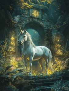 Majestic Unicorn Standing Before an Ancient Glowing Ruin in an Enchanted Forest Clearing DND Digital Painting Wall Art 18 X 24 Inch Poster