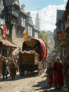 Bustling Medieval Market Street with Colorful Tapestries and Crowds Surrounding a Horse-Drawn Cart Laden with Goods and Black and White Timbered Houses Under a Bright Blue Sky DND Digital Painting Wall Art 18 X 24 Inch Poster