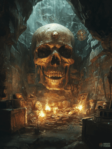 Giant Skull Vault Illuminated by Flickering Torches in an Ancient Hidden Chamber Filled with Glowing Treasures and Mystery DND Digital Painting Wall Art 18 X 24 Inch Poster