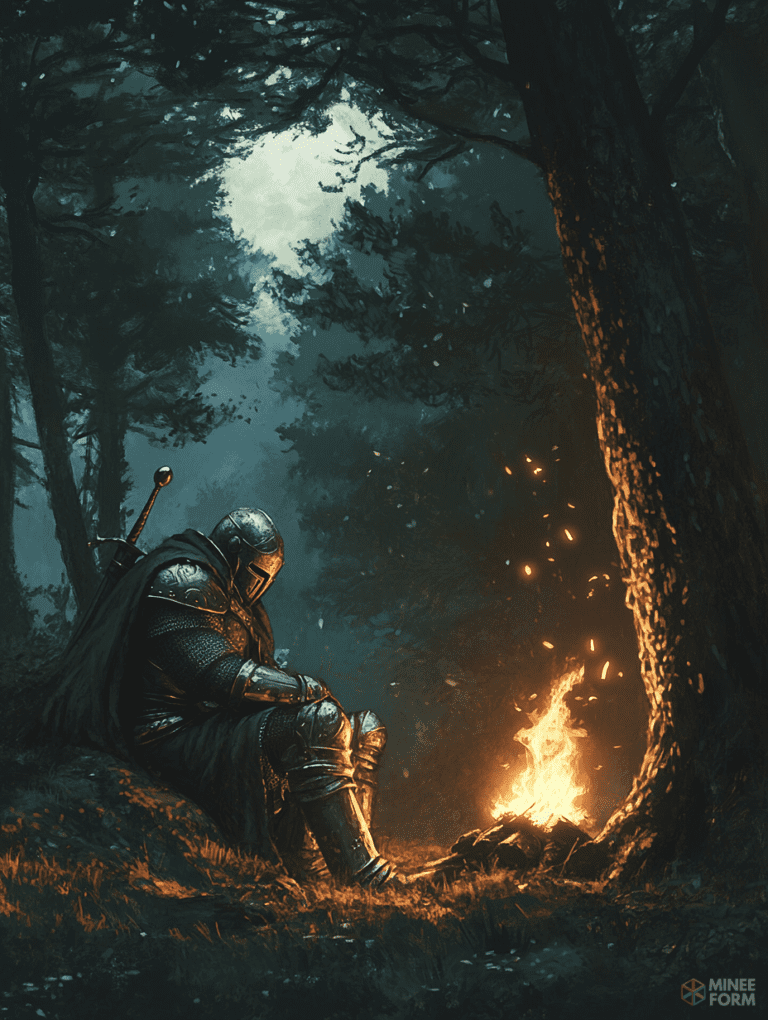 Lonely Knight Resting by a Campfire Under a Moonlit Forest Canopy DND Digital Painting Wall Art 18 X 24 Inch Poster