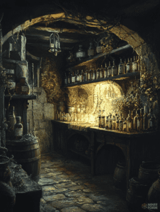 Enchanting Alchemist's Cellar Illuminated by Warm Candlelight with Rustic Stone Walls and Shelves Laden with Mysterious Potions and Ancient Bottles DND Digital Painting Wall Art 18 X 24 Inch Poster