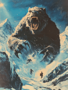 Enormous Ferocious Beast Chasing Adventurers Amidst Treacherous Snowy Mountain Peaks Under Intense Sunlit Sky Horror Movie Poster 18 x 24 Inch MineeForm Wall Art Poster