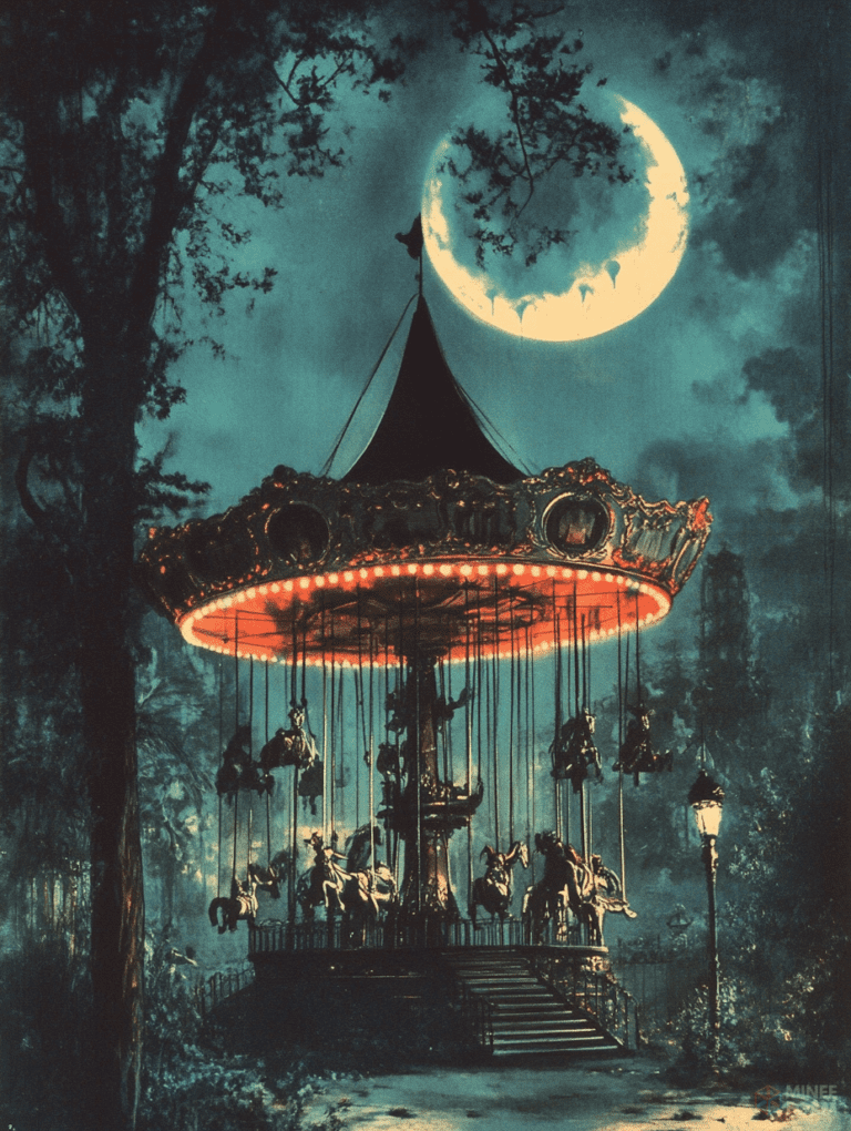 Eerie Abandoned Carousel Under a Gloomy Night Sky Illuminated by a Creepy Crescent Moon Surrounded by Dark Silhouettes of Tall Trees and a Lonely Streetlamp in a Haunted Forest Horror Movie Poster 18 x 24 Inch MineeForm Wall Art Poster