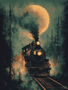 Steam Train Journey Through a Misty Forest Under a Bright Full Moon with Glowing Headlamp and Smoky Atmosphere Horror Movie Poster 18 x 24 Inch MineeForm Wall Art Poster