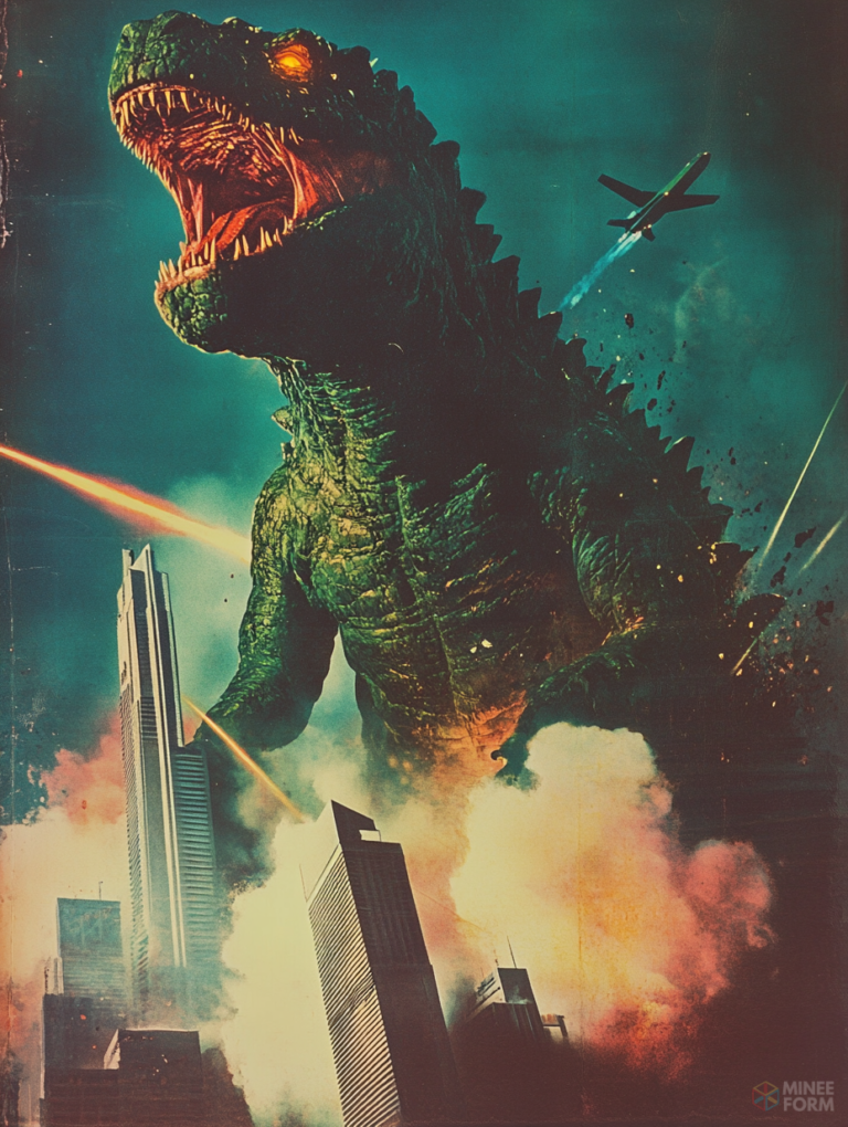 Colossal Prehistoric Monster Looming Over Skyscrapers in a City Under Attack with Fiery Explosions and Aircraft in a Dramatic Night Sky Horror Movie Poster 18 x 24 Inch MineeForm Wall Art Poster