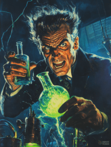 Mad Scientist in a Dimly Lit Laboratory Grips a Glowing Green Flask with an Intense Gaze and Disheveled Hair Surrounded by Cracking Tesla Coils and Bubbling Glassware Horror Movie Poster 18 x 24 Inch MineeForm Wall Art Poster