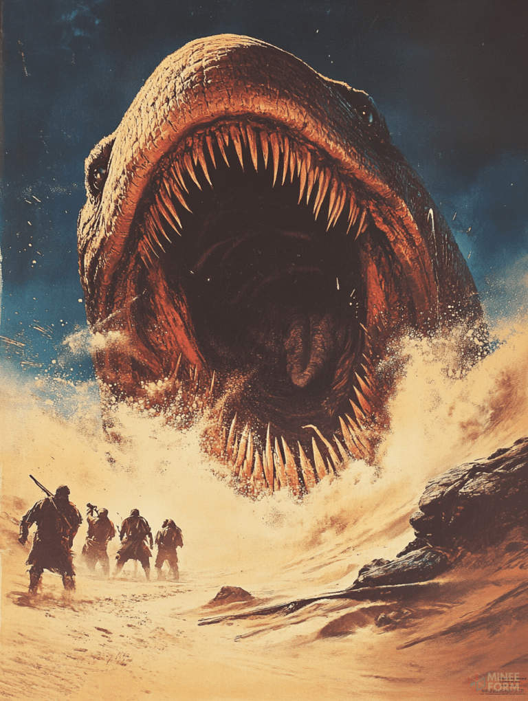 Colossal Dinosaur Emerges from Sandstorm as Adventurers Brace for Colossal Encounter Horror Movie Poster 18 x 24 Inch MineeForm Wall Art Poster