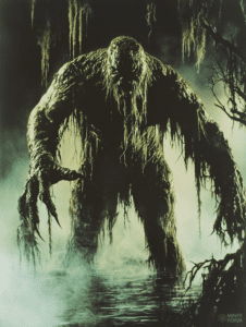 Moss-Covered Swamp Creature Emerging from Foggy Marshes with Looming Trees and Thick Hanging Vines Horror Movie Poster 18 x 24 Inch MineeForm Wall Art Poster