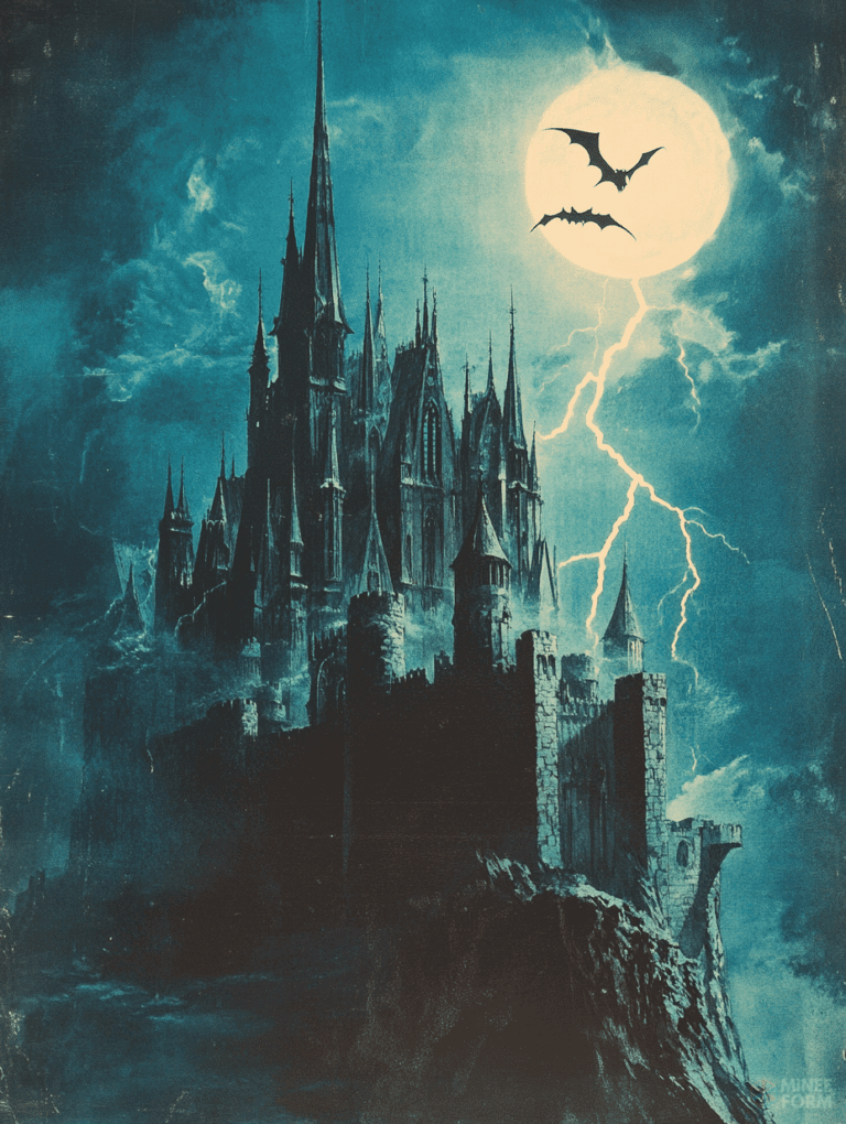 Towering Gothic Castle Under a Foreboding Moonlit Sky with Bats and Cracking Lightning on a Rocky Cliff Horror Movie Poster 18 x 24 Inch MineeForm Wall Art Poster