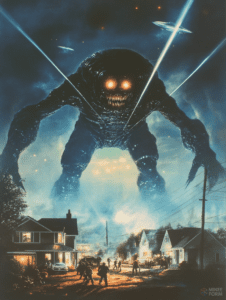 Colossal Night Stalker Descends on Suburban Street with Glowing Eyes and UFOs Piercing the Starlit Night Sky Horror Movie Poster 18 x 24 Inch MineeForm Wall Art Poster