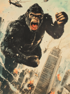 Enormous Rampaging Gorilla Roars Over a Burning Cityscape as Helicopters Circle Above Horror Movie Poster 18 x 24 Inch MineeForm Wall Art Poster