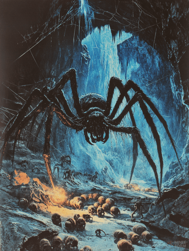 Colossal Spider Lurking in an Icy Cavern Surrounded by Swarms of Skittering Creatures and Glowing Mystical Orbs in a Dark Ominous Lair Horror Movie Poster 18 x 24 Inch MineeForm Wall Art Poster