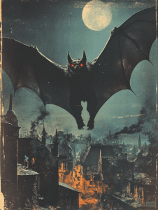 Enormous Bat with Glowing Red Eyes Soars over Dark Smoky Village Illuminated by Full Moon Horror Movie Poster 18 x 24 Inch MineeForm Wall Art Poster