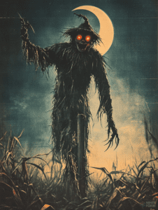 Tattered Scarecrow with Glowing Eyes Looms Menacingly in a Moonlit Cornfield Under an Ominous Night Sky Horror Movie Poster 18 x 24 Inch MineeForm Wall Art Poster