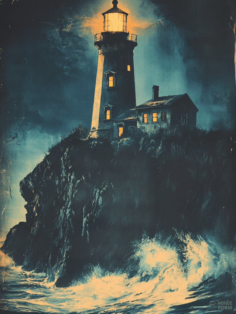 Looming Lighthouse on the Edge of a Stormy Cliff Beneath a Dramatically Clouded Night Sky with Surging Waves Crashing Against the Jagged Rocks and a Glowing Beacon Casting an Eerie Light Over the Rugged Landscape Horror Movie Poster 18 x 24 Inch MineeForm Wall Art Poster