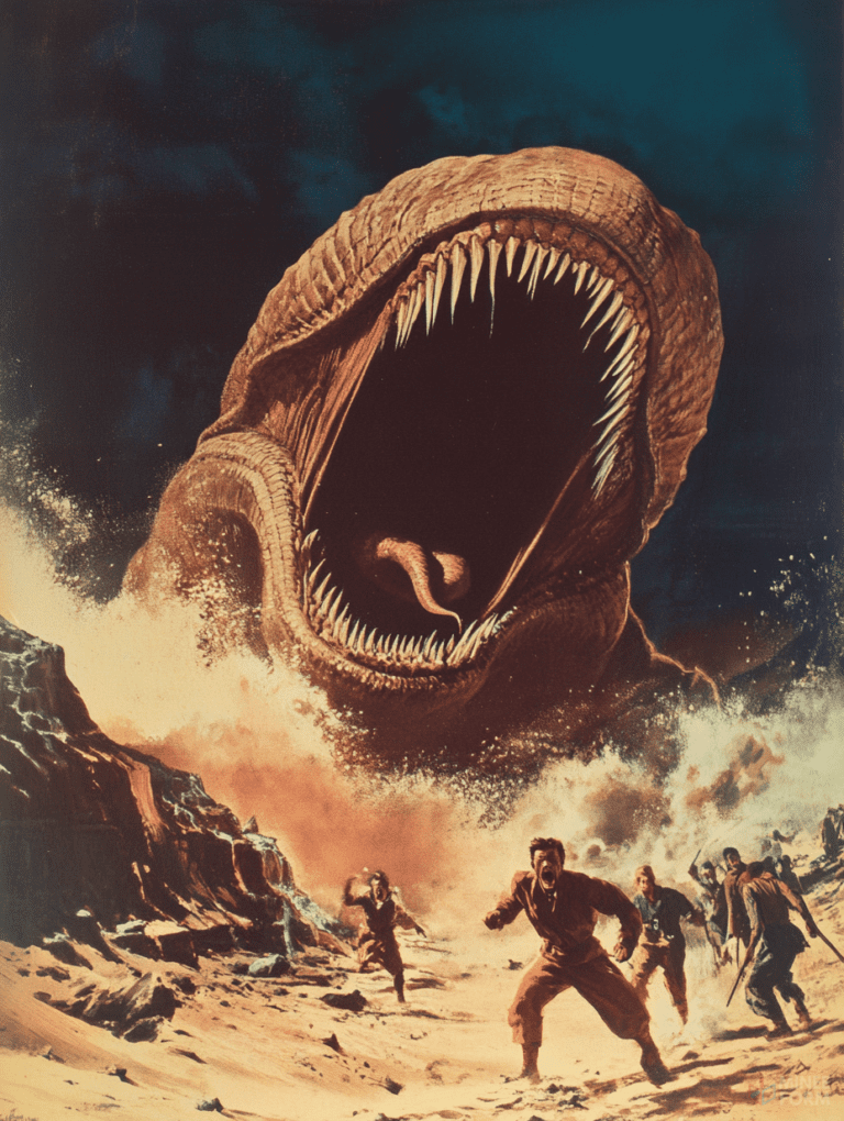 Terrified Explorers Fleeing from Colossal Sand Dwelling Monster with Enormous Gaping Mouth and Sharp Jagged Teeth in Desolate Stormy Desert Landscape Horror Movie Poster 18 x 24 Inch MineeForm Wall Art Poster