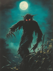 Ominous Shadowy Creature with Glowing Red Eyes Looms Menacingly Amidst Moonlit Cornfield Under a Full Moon Night Sky Horror Movie Poster 18 x 24 Inch MineeForm Wall Art Poster