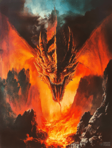 Fiery Dragon Soaring Above Molten Lava in a Volcanic Landscape with Dark Smoky Skies and Jagged Rocky Peaks Horror Movie Poster 18 x 24 Inch MineeForm Wall Art Poster