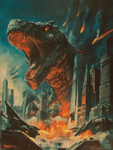 Colossal Reptilian Behemoth Roaring Amidst Flaming Ruins as Meteor Showers Ignite a Doomed Metropolis with Fighter Jets in Desperate Combat Over a Fiery Skyline Horror Movie Poster 18 x 24 Inch MineeForm Wall Art Poster