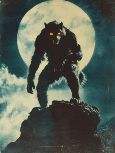 Towering Werewolf Silhouette on Rocky Ledge Illuminated by Full Moon Casting Eerie Glow Through Misty Night Sky with Clouds Surrounding Horror Movie Poster 18 x 24 Inch MineeForm Wall Art Poster