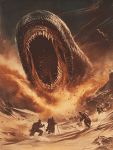 Colossal Sandstorm Creature Emerging as Adventurers Flee Through Barren Desert Landscape Horror Movie Poster 18 x 24 Inch MineeForm Wall Art Poster