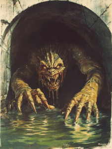 Monstrous Creature Emerging from Dank Sewer with Menacing Claws and Gaping Maw in Shadowy Darkness Horror Movie Poster 18 x 24 Inch MineeForm Wall Art Poster