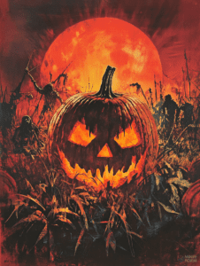 Fiery Red Harvest Moon Rising Over Ominous Cornfield with Grinning Jack O Lantern and Menacing Shadowy Figures Horror Movie Poster 18 x 24 Inch MineeForm Wall Art Poster