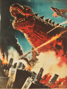 Colossal Monster Rampages Through Flaming Cityscape Amidst Striking Sky With Fighter Jet Engaged in Battle Horror Movie Poster 18 x 24 Inch MineeForm Wall Art Poster